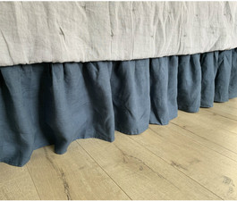 Navy Linen Bed Skirt with Gathered Ruffle