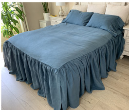 Yale Blue Linen Bedspread, Ruffled Bed Cover 