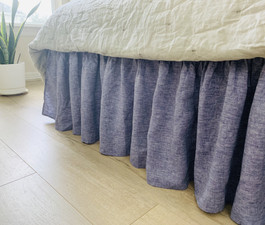 Chambray Denim Linen Bed Skirt with Gathered Ruffles