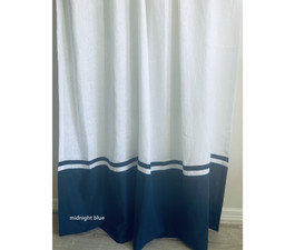 White Linen Shower Curtain with Midnight Blue Linen Block and Stripe