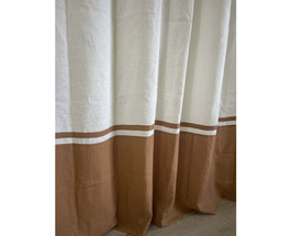 Soft white linen shower curtain, golden tan color block and stripe