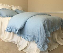 blue bedding, ruffle bedding