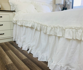 White Linen Bed skirt- Gathered with Country Ruffle Hem