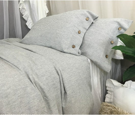 Subtle Black and White ticking striped Duvet Cover with Wooden Button closure