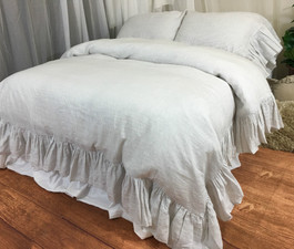 Grey and White Ticking Striped Linen Duvet Cover with Mermaid Long Ruffle