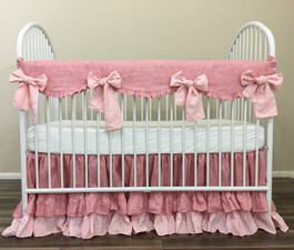 Chambray Rose Linen Rail Cover with Pink Ties, Natural Linen Baby Bedding – Mix and Match Your Ways to a Dreamy Baby Room