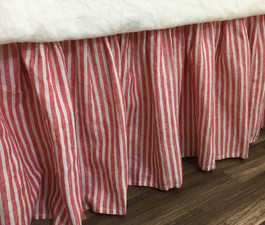 Red and White Striped Bed Skirt, Natural Linen – Farmhouse Beauty!