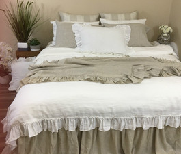 White Linen Duvet Cover with Country Ruffle Hem