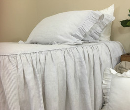Stone Grey Ticking Striped Bedspread, Ruffled Bed Cover,