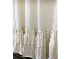 Cream Linen Shower Curtain with Double Layer Ruffles, Fabulous Chic!
