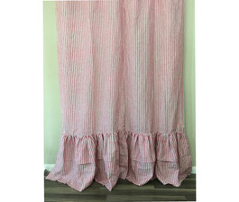 Red and White Striped Shower Curtain with 2-Tiered Mermaid Long Ruffles, Eye Feast! Natural Linen