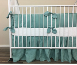 Moss Green Linen Baby Bedding Set with Leaf Shaped Ties