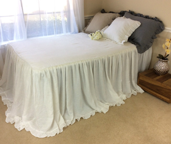 White Linen Bedspread With Cinderella Ruffle Hem