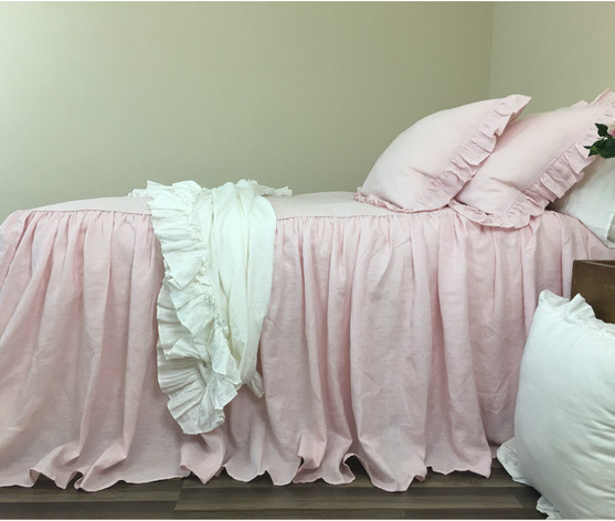Bedspread Linen Ruffle Bed Cover White Grey Cream Pink Blue