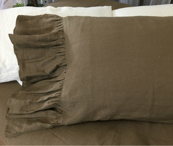 Cedar Dark Brown Linen Pillow Cases With Mermaid Long Ruffles