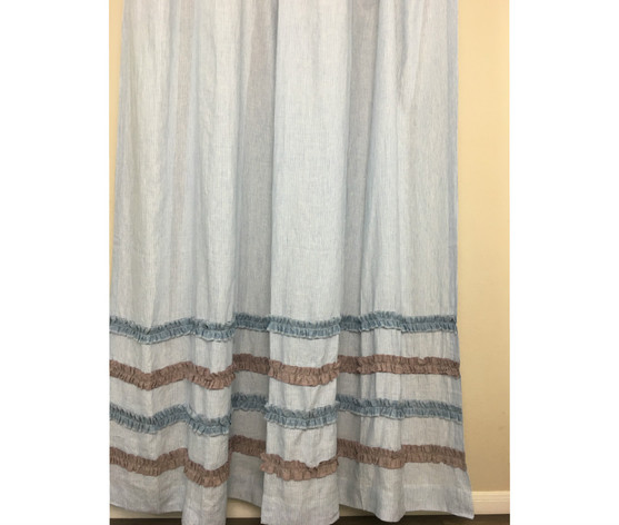 Blue And White Ticking Stripe Shower Curtain With Chambray Surf