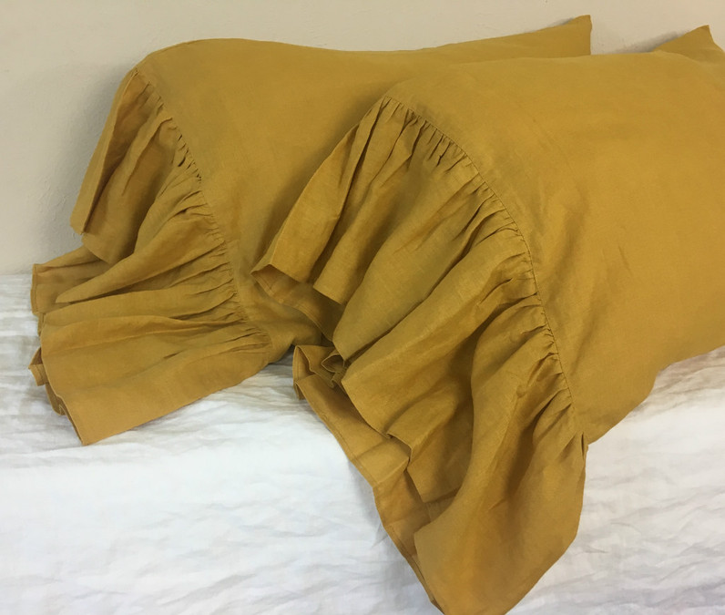 Mustard Gold Linen Pillow Cases with Mermaid Long Ruffles, A Pair