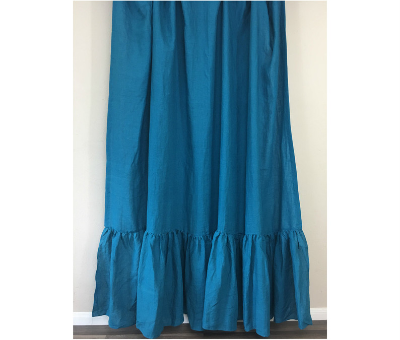 Teal Blue Natural Linen Shower Curtain with Mermaid Long Ruffles