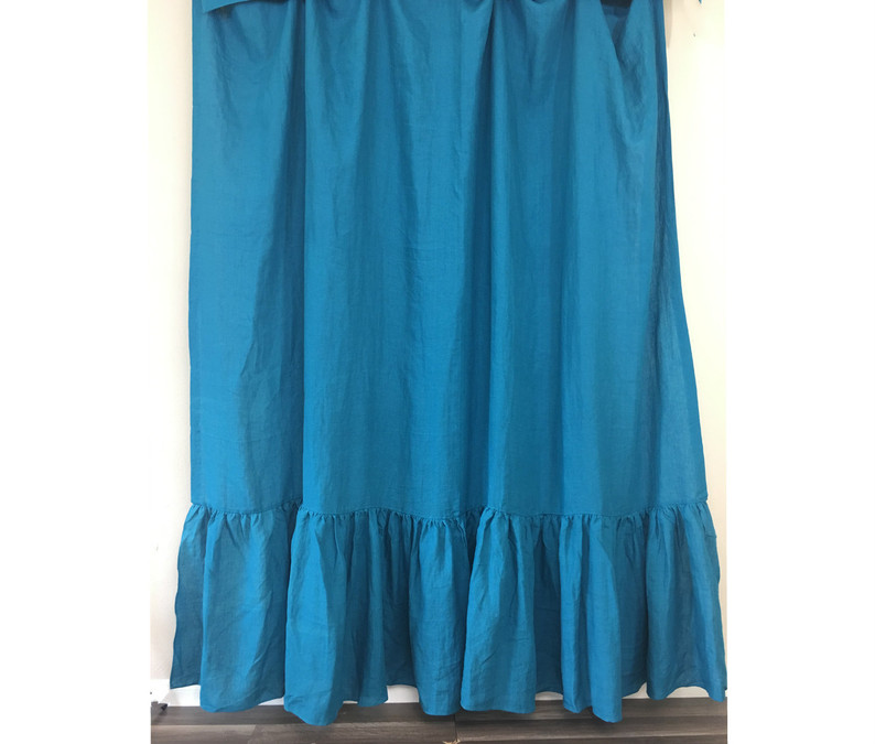 Teal Blue Natural Linen Shower Curtain with Mermaid Long Ruffles
