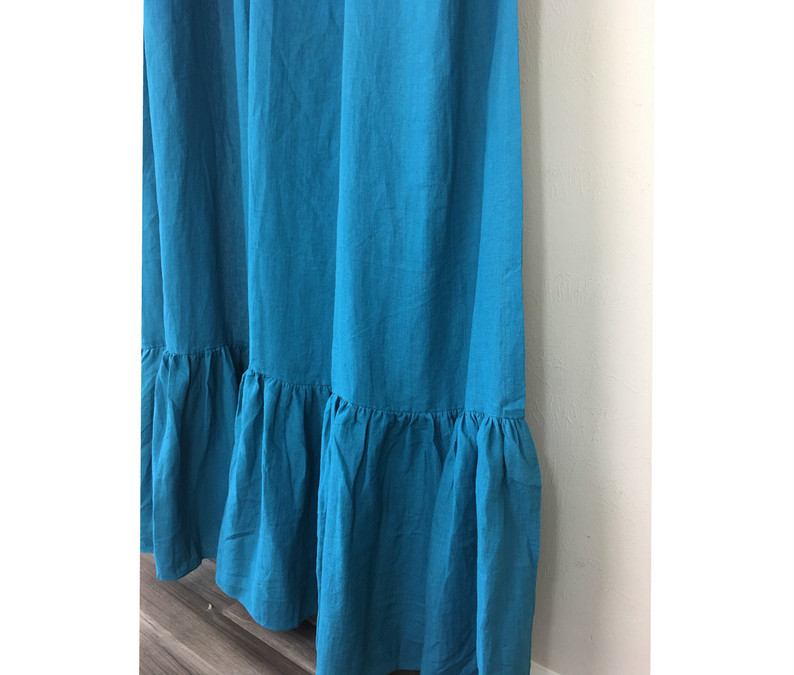 Teal Blue Natural Linen Shower Curtain with Mermaid Long Ruffles