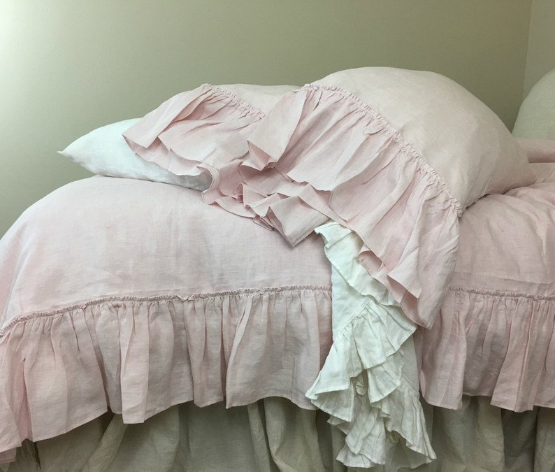 Blush Pink Linen Duvet Cover With Country Mermaid Long Ruffles