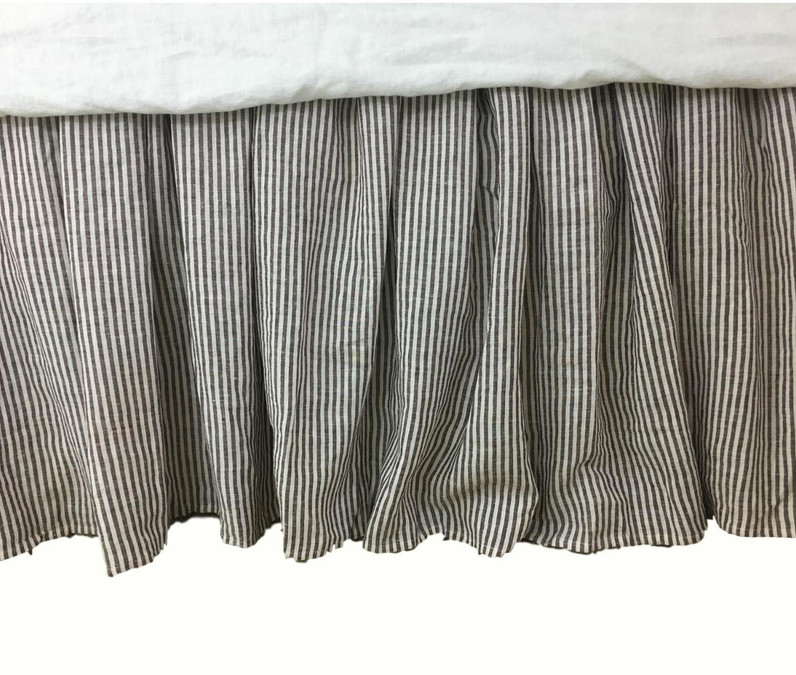 Coco Brown and White Striped Linen Bed Skirt with Gathered Ruffle