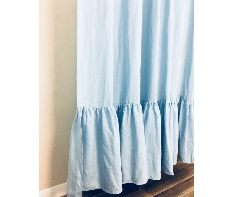 Blue Natural Linen Shower Curtain With Mermaid Long Ruffles Handmade