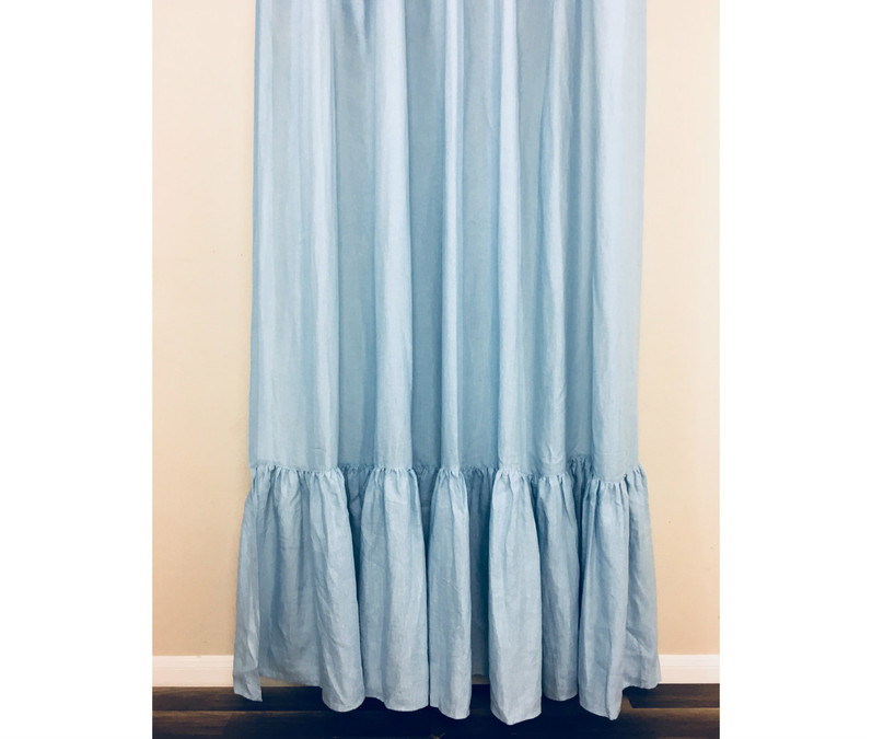Blue Natural Linen Shower Curtain With Mermaid Long Ruffles Handmade