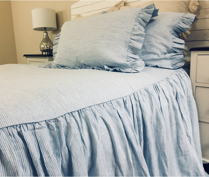 White Ticking Striped Linen Bedspread 