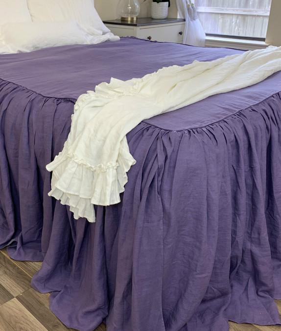 Eggplant Purple Linen Bedspread Ruffled Bed Cover