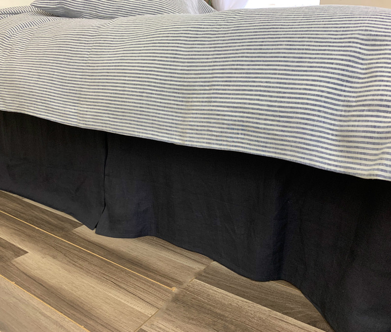 Charcoal Black Linen Bed Skirt with Tailored Pleats
