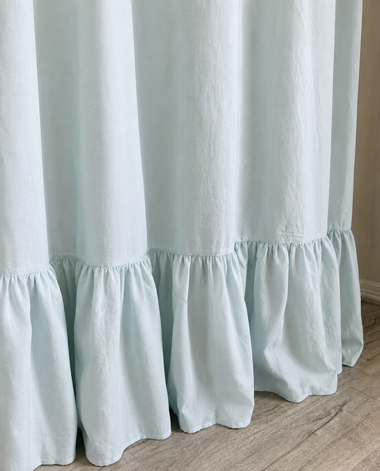 Mist Ocean Linen Shower Curtain with Mermaid Long Ruffles