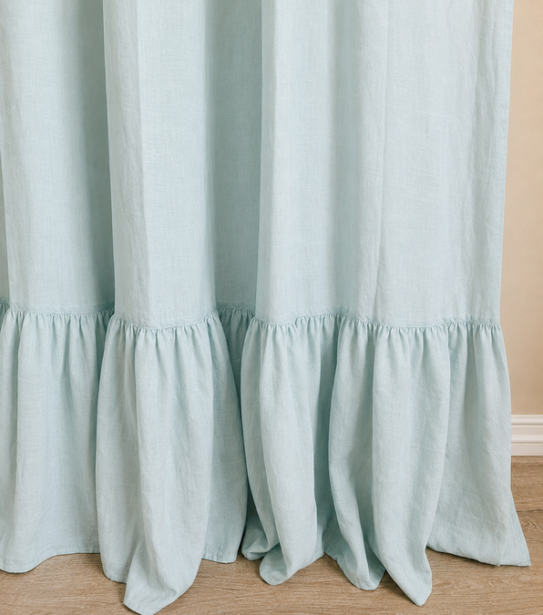Mist Ocean Linen Shower Curtain with Mermaid Long Ruffles