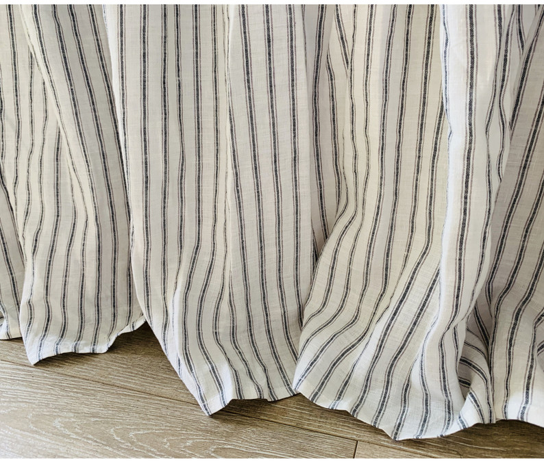 Iron and White Ticking Striped Linen Bed Skirt with Gathered Ruffle