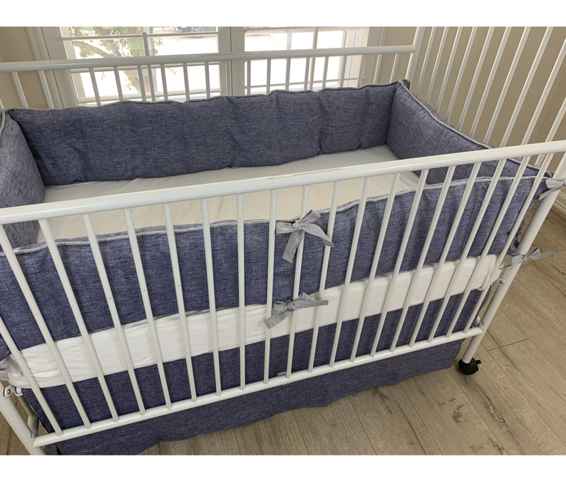 Denim Linen Bumpers with Chambray Graphite Ties, piping