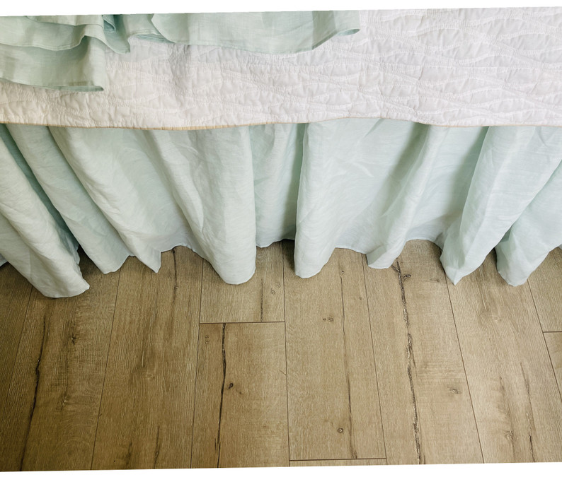 Ruffled Linen Bed Skirt in Mist Ocean Blue – French Country Style