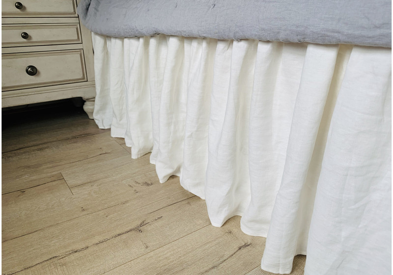 Belgian Oyster White Linen Bed Skirt with Gathered Ruffles 