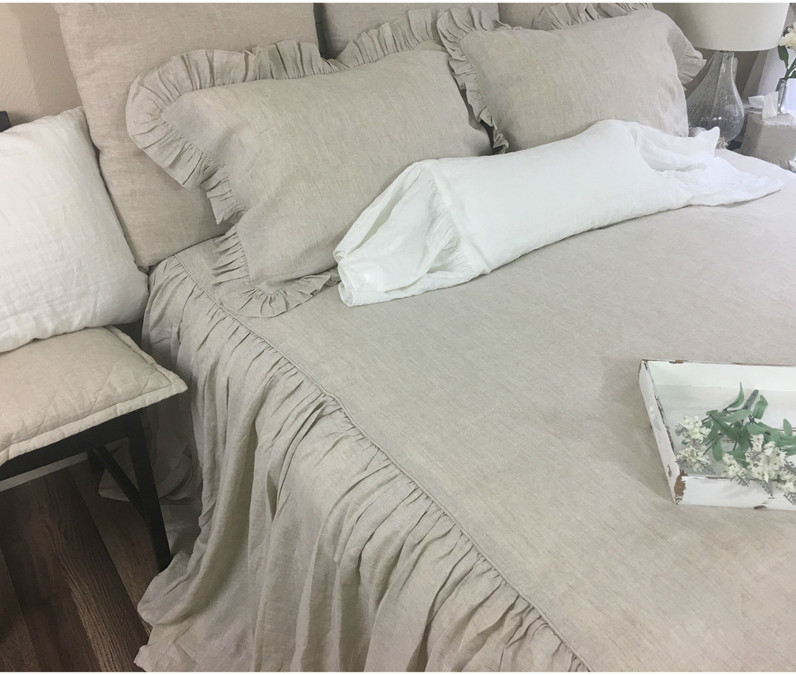 Natural Linen Bedspread with Ruffle 