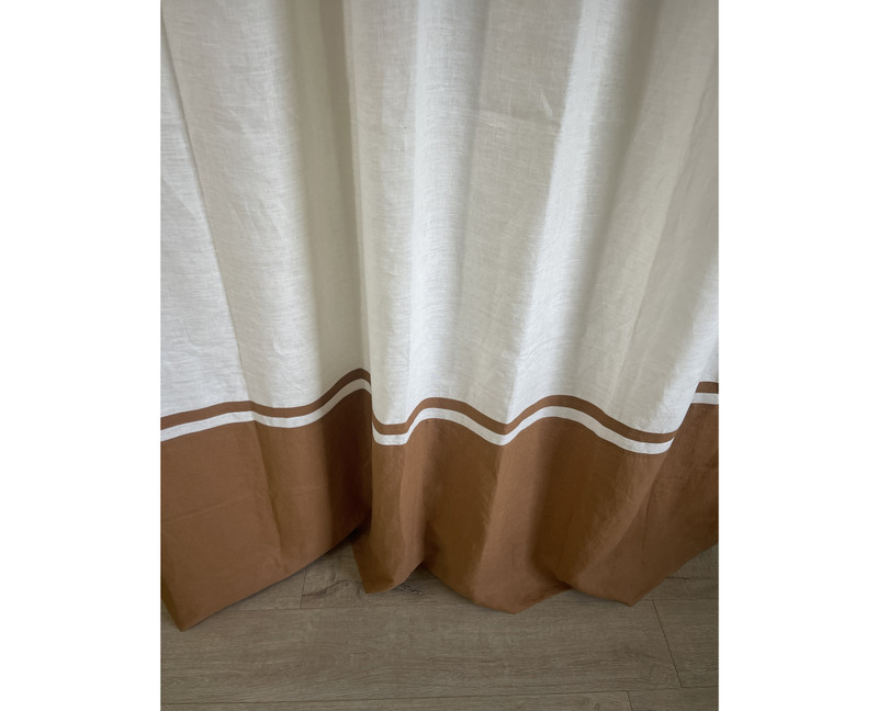 Soft White Linen Shower Curtain, Golden Tan Color Block and Stripe