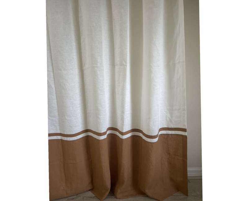 Soft white linen shower curtain, golden tan color block and stripe