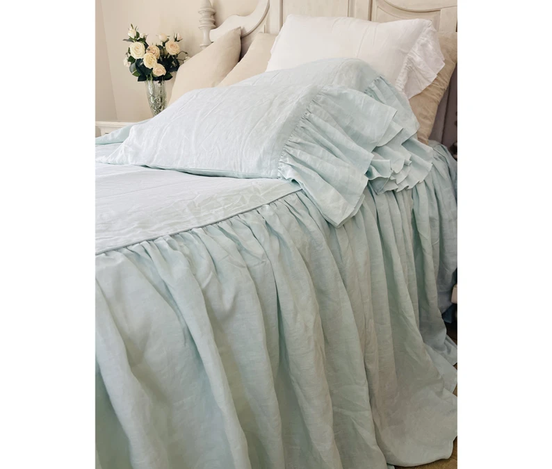 Ruffled Linen Pillow Shams in Mist Ocean Blue – French Country Style