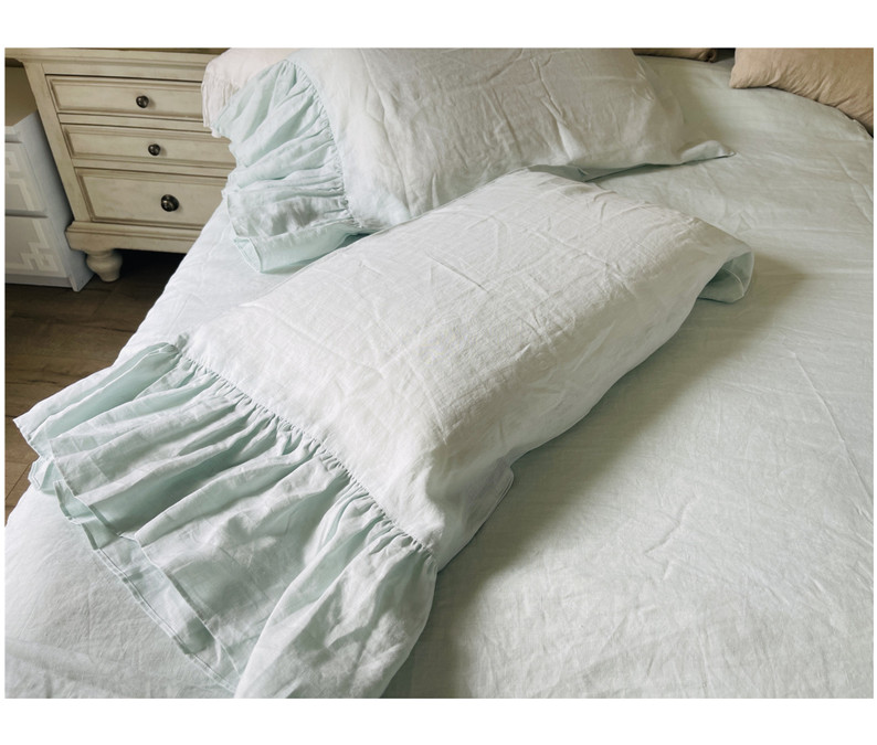 Light Blue Linen Shams with Ruffle Edge – Cottage Style Pillow Covers