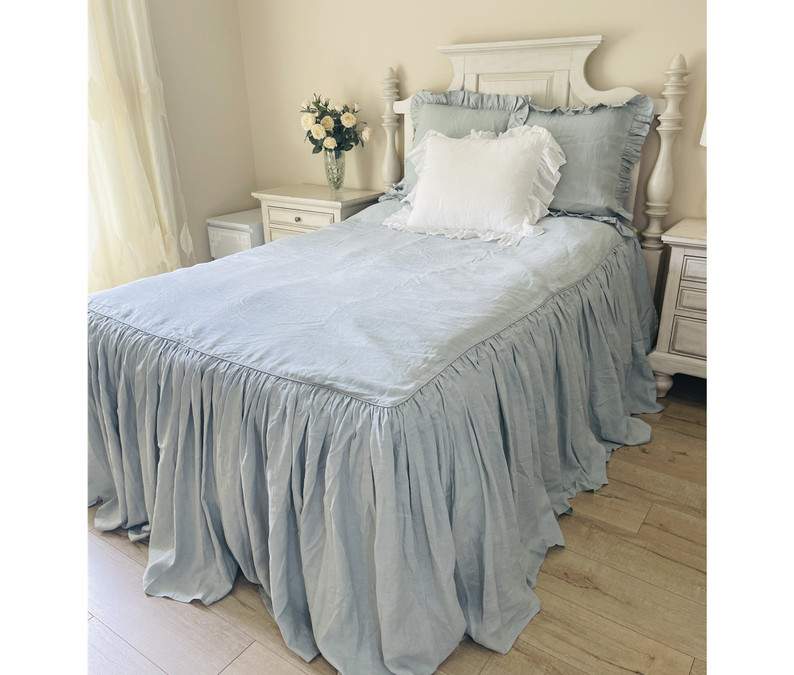  Mountain Fog Linen Bedspread with Ruffle Skirt, Shabby Chic Coverlet