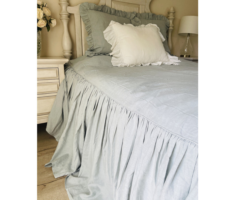 Custom Linen Bedspread with Ruffles – Mountain Fog Bedding