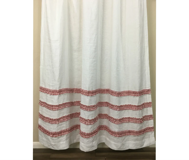 White Shower Curtain with Red Ticking Stripe Ruffle | Handmade by SuperiorCustomLinens