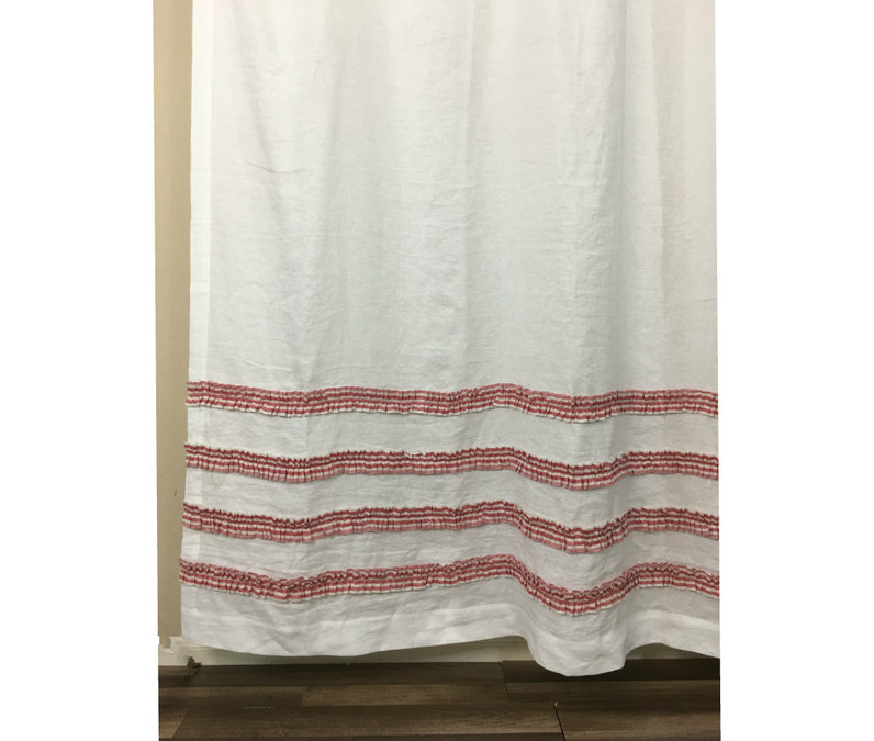 White Shower Curtain with Red Ticking Stripe Rows of Ruffles