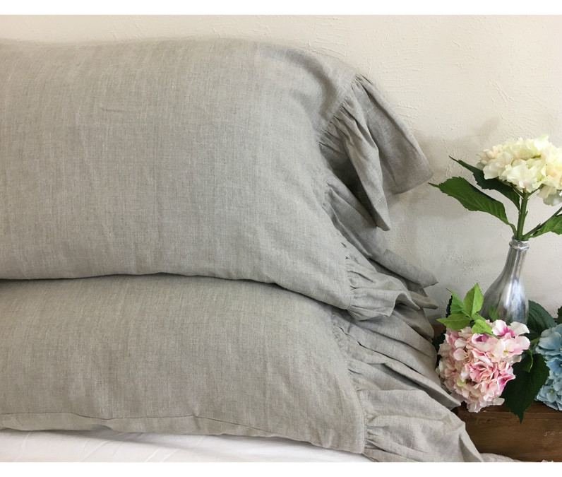 Dark Linen Pillow Covers with Mermaid Long Ruffles - A Pair