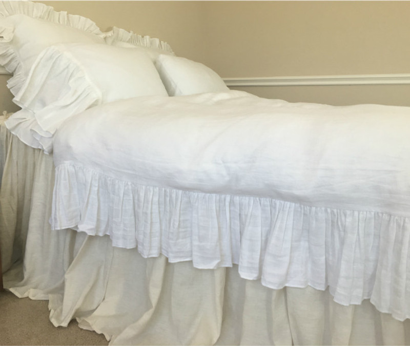 White Linen Duvet Cover With Mermaid Long Ruffles Handcrafted By