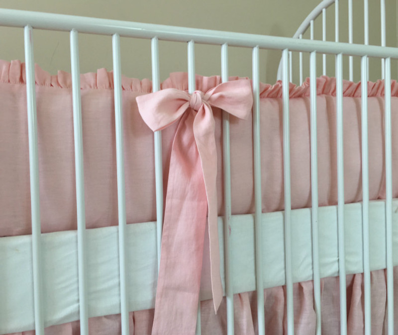 Pink Crib Bedding Set With Ruffle Trim And Sash Ties Handcrafted By Superior Custom Linens