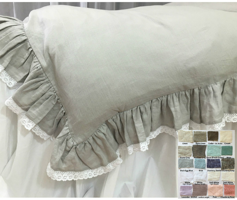 Linen Ruffle Duvet Cover With Lace Hem White Gray Blue Pink